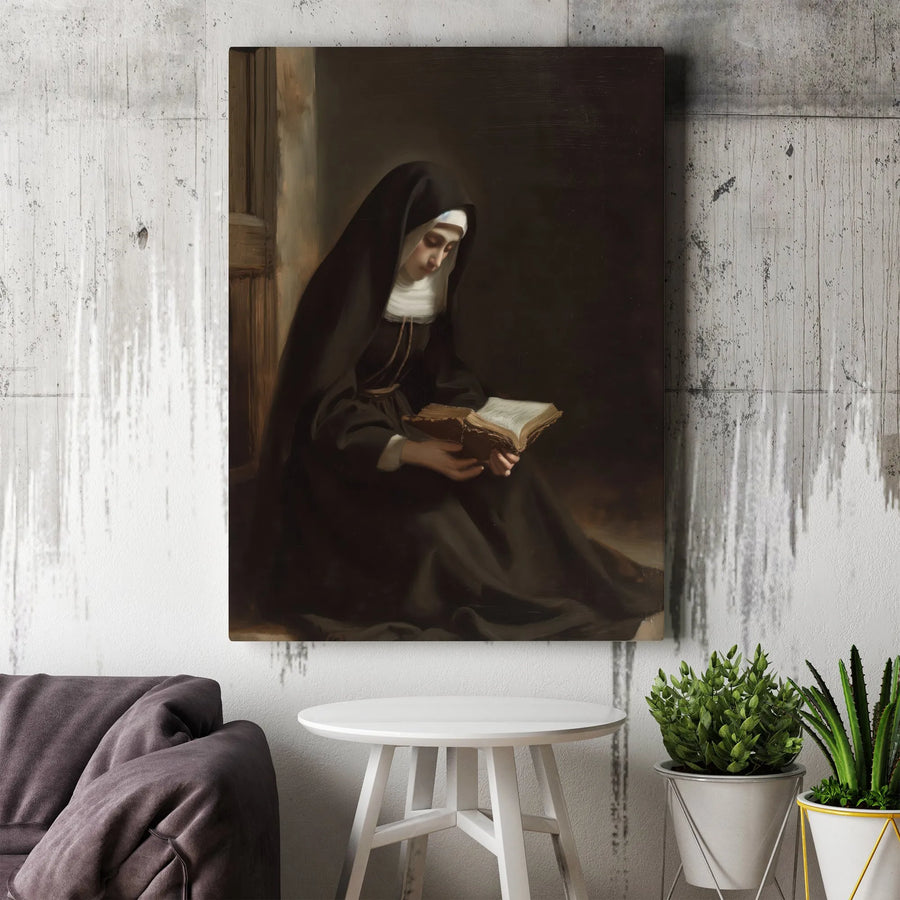 Religious Art Vertical Canvas | Vintage Nun Reading Book Painting | Fade-Resistant Premium Print | Catholic Home Decor Gift