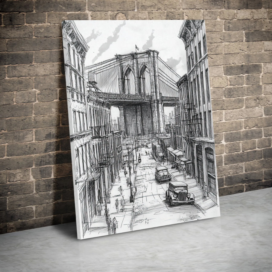 Brooklyn Bridge Sketch Vertical Canvas | Vintage NYC Architectural Drawing | Premium Gallery Wrap Wall Art | Collector's Gift for New York Lover