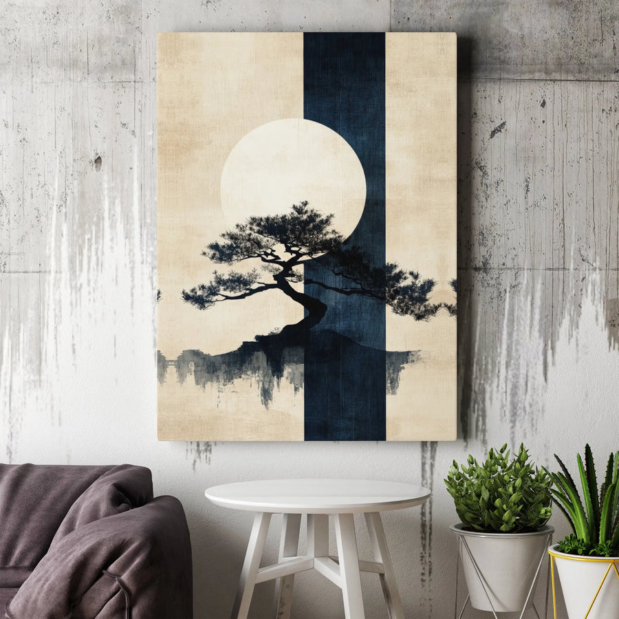 Japanese Bonsai Tree Canvas Wall Art | Minimalist Zen Sun Silhouette | Premium Gallery Wrapped Decor | Modern Living Room Home Gift