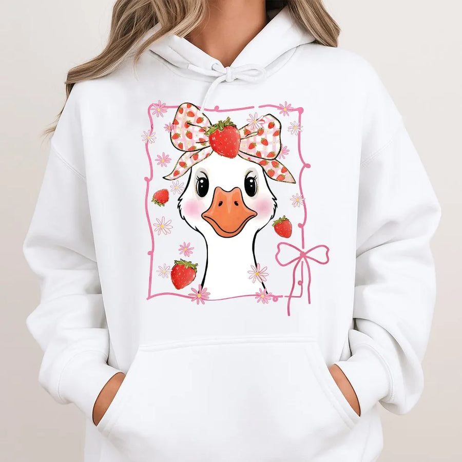 Strawberry Goose Hoodie | Cute Coquette Aesthetic Graphic Print | Soft Cotton Blend Pullover | Cottagecore Gift for Her