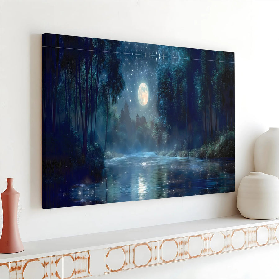 Enchanted Forest Canvas Print | Night River Under Full Moon Wall Art | Premium Gallery Wrap Decor | Ready to Hang Landscape Wall Decor