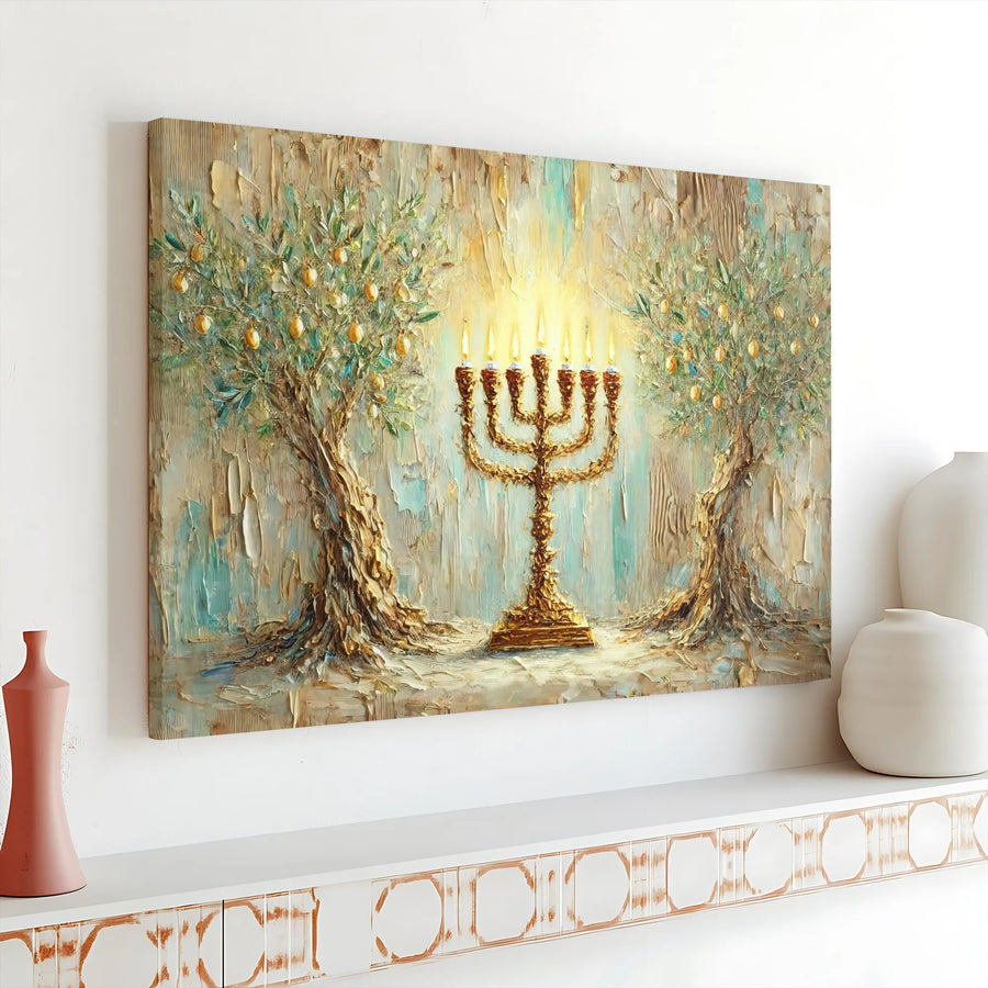 Menorah Canvas Wall Art | Olive Tree Oil Painting Style Print | Premium Gallery Wrap Decor | Jewish Home Gift & Hanukkah Wall Decor
