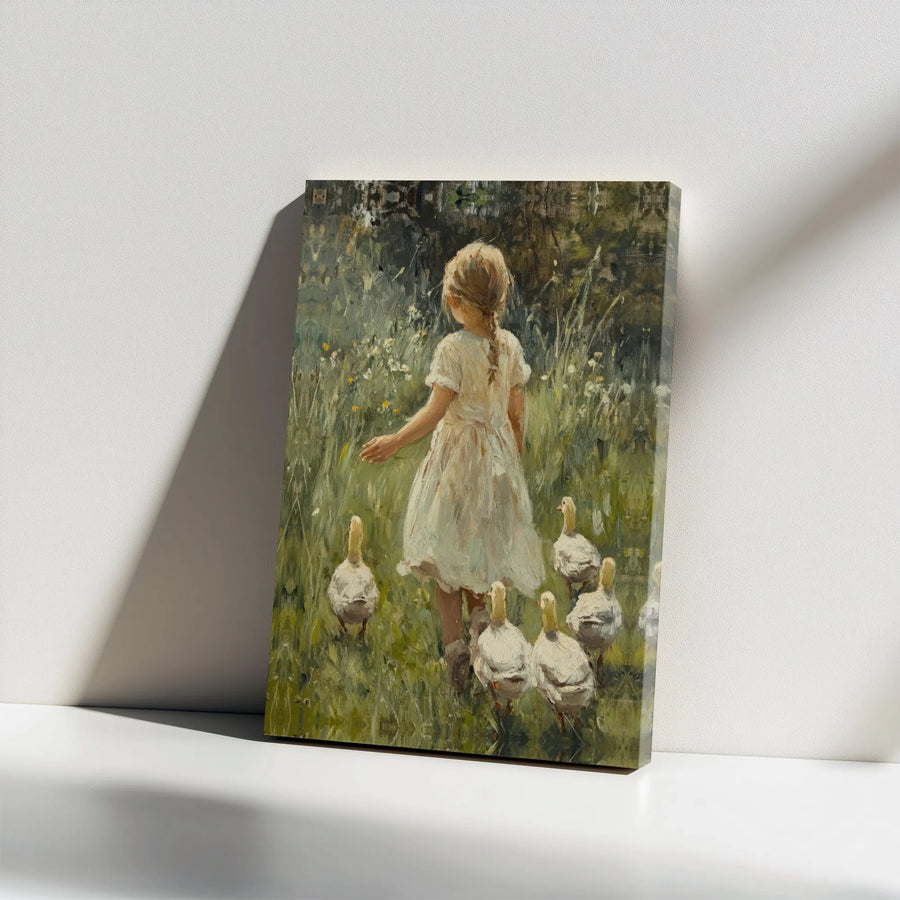 Vintage Farmhouse Canvas Print | Girl with Geese Pastoral Painting | Premium Stretched Canvas | Cottagecore Home Decor Gift