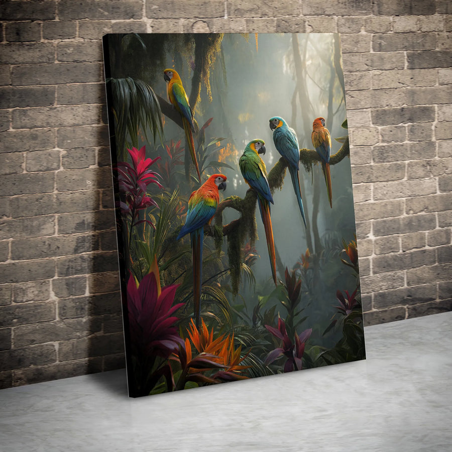 Rainforest Parrots Canvas Wall Art | Vibrant Tropical Jungle Scene with Macaw Birds | Premium Frameless Canvas | Nature Lover Gift for Living Room Decor