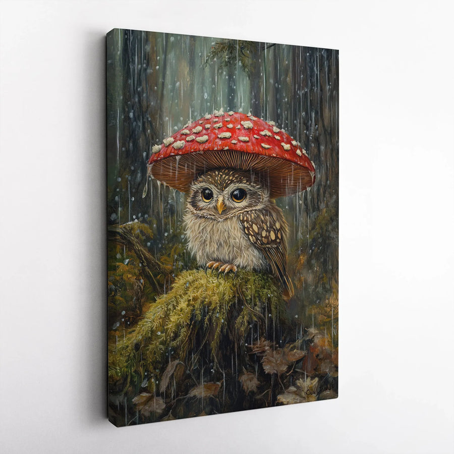 Baby Owl Mushroom Umbrella Canvas Wall Art | Whimsical Forest Animal Print | Premium Gallery-Wrapped Print | Cute Cottagecore Nursery Gift