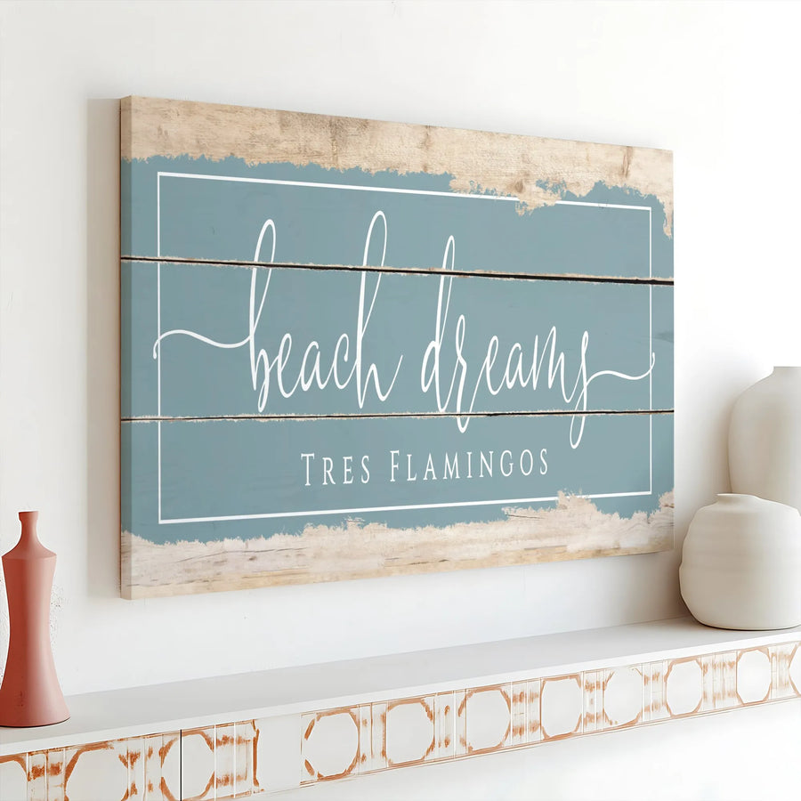 Beach Dreams Canvas Wall Art | Rustic Wood Plank Style Print | Premium Gallery Wrapped Canvas | Coastal Farmhouse Living Room Decor Gift
