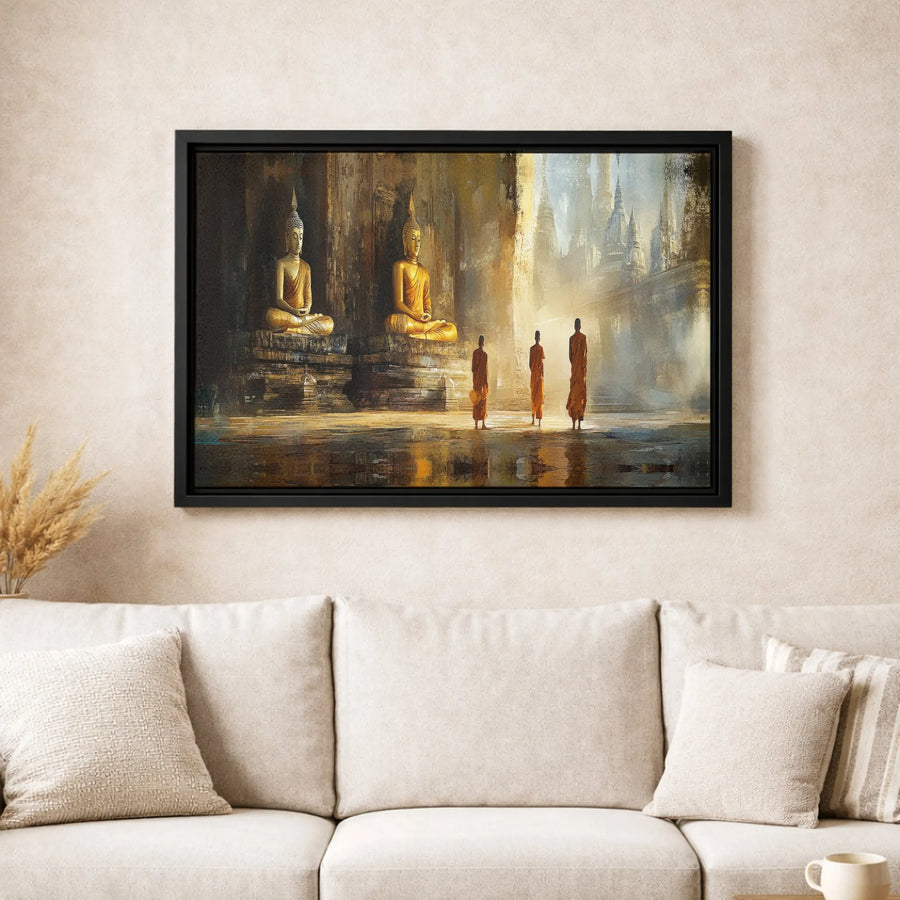 Buddhist Monk Canvas Wall Art | Golden Buddha Temple Scene | Gallery Quality Fade-Resistant Print | Zen Home Decor Meditation Room Gift