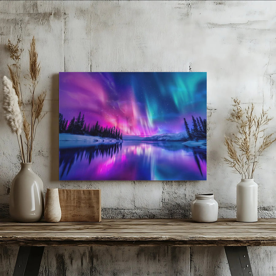 Aurora Borealis Canvas Wall Art | Vibrant Northern Lights Mountain Lake Landscape | Premium Gallery-Wrapped Decor | Nature Lover Gift