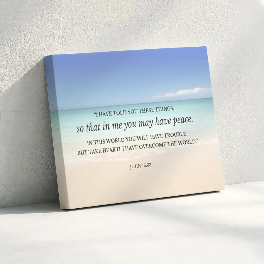 John 16:33 Bible Verse Canvas | Coastal Beach Scenery Wall Art | Premium Fade-Resistant Print | Encouraging Christian Home Decor Gift