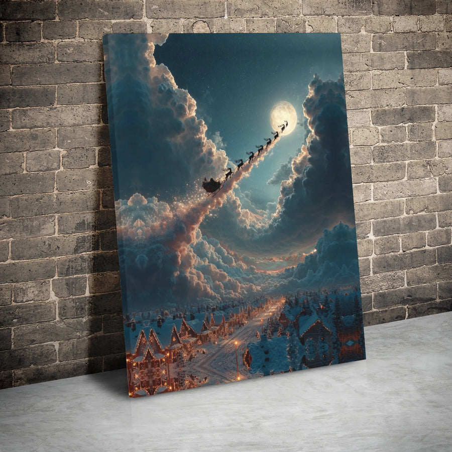 Christmas Wall Art Canvas | Santa Sleigh Flying Over Snow Village | Premium Gallery Wrap Decor | Holiday Living Room Gift