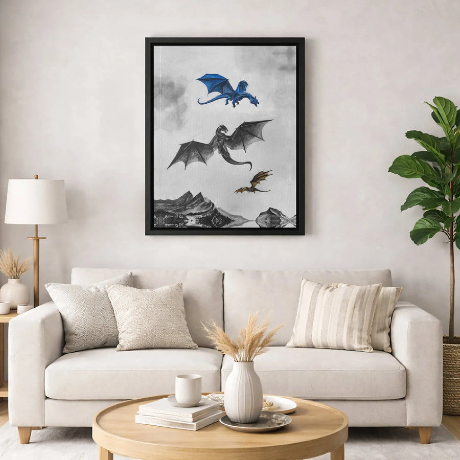 Three Dragons Canvas Print | Fantasy Mountain Landscape Wall Art | Premium 1.25-Inch Gallery Wrap | Gift for Dragon Lovers & Gamers