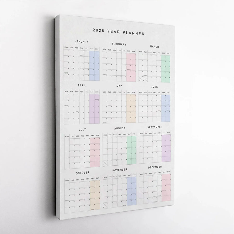 2026 Year Planner Canvas Wall Art | Vertical Full Year Calendar Print | Premium Gallery Wrapped Decor | Large Wall Calendar for Home Office Organization