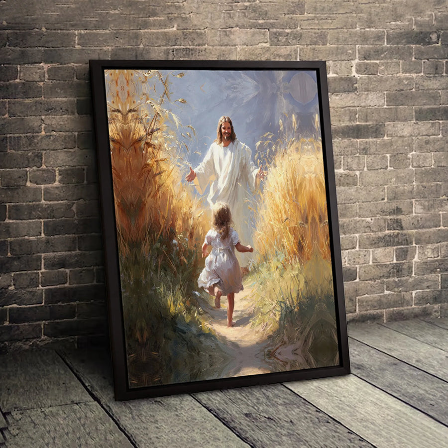 Jesus With Girl In Wheat Field Canvas Art | Religious Wall Decor | Premium Fade-Resistant Print | Spiritual Christian Gift for Home