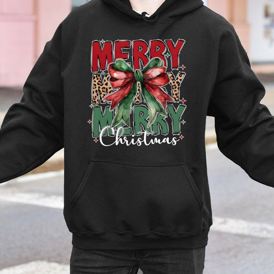 Merry Christmas Hoodie | Coquette Leopard Bow Graphic Print | Premium Cotton-Blend Fleece | Cute Holiday Gift For Women & Teens