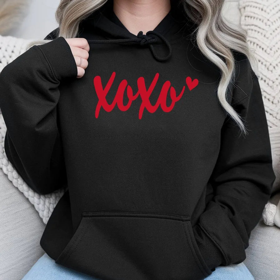 XOXO Valentine Hoodie | Cute Script Heart Graphic | Soft Cotton-Blend Premium Apparel | Romantic Gift for Her or Couples