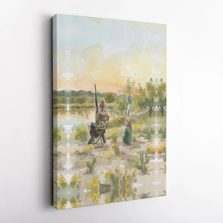 Hunting Kids Canvas Art | Watercolor Brother and Sister Painting | Premium Gallery Wrapped Print | Gift for Hunter Dad, Rustic Cabin Decor