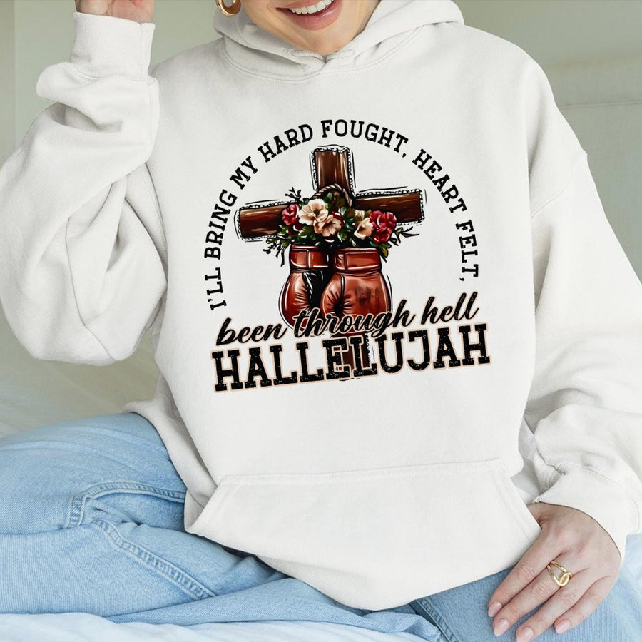 Been Through Hell Hallelujah Hoodie | Christian Boxing Cross Graphic Print | Premium Cotton Blend | Faith Inspired Gift for Strong Women
