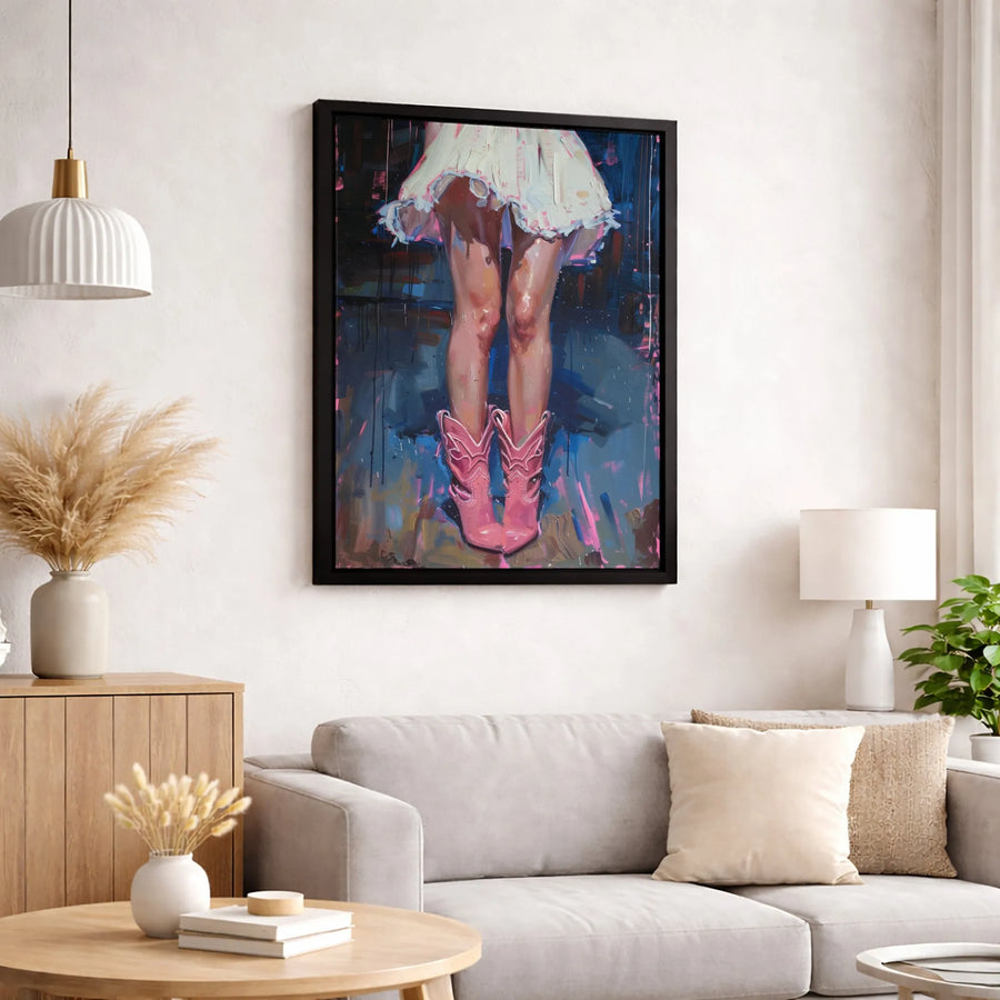 Pink Cowboy Boots Canvas Wall Art | Abstract Western Fashion Portrait | Premium Gallery Wrapped Print | Boho Chic Home Decor Gift