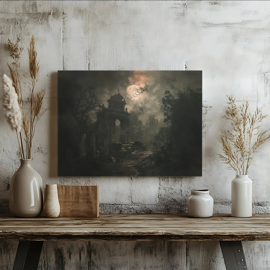 Gothic Cemetery Canvas Wall Art | Dark Academia Ruin With Full Moon | Gallery Quality Wrapped Print | Spooky Victorian Home Decor Gift
