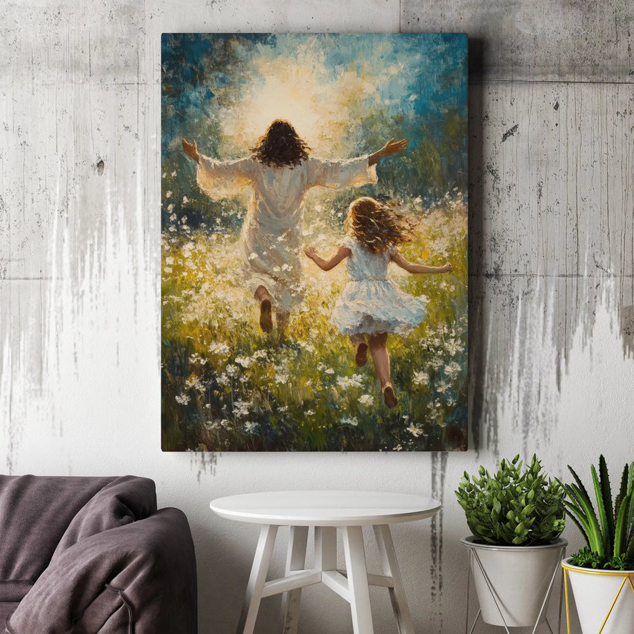 Jesus and Child Canvas Print | Floral Meadow Religious Wall Art | Premium Fade-Resistant Gallery Wrap | Meaningful Sympathy or Nursery Gift