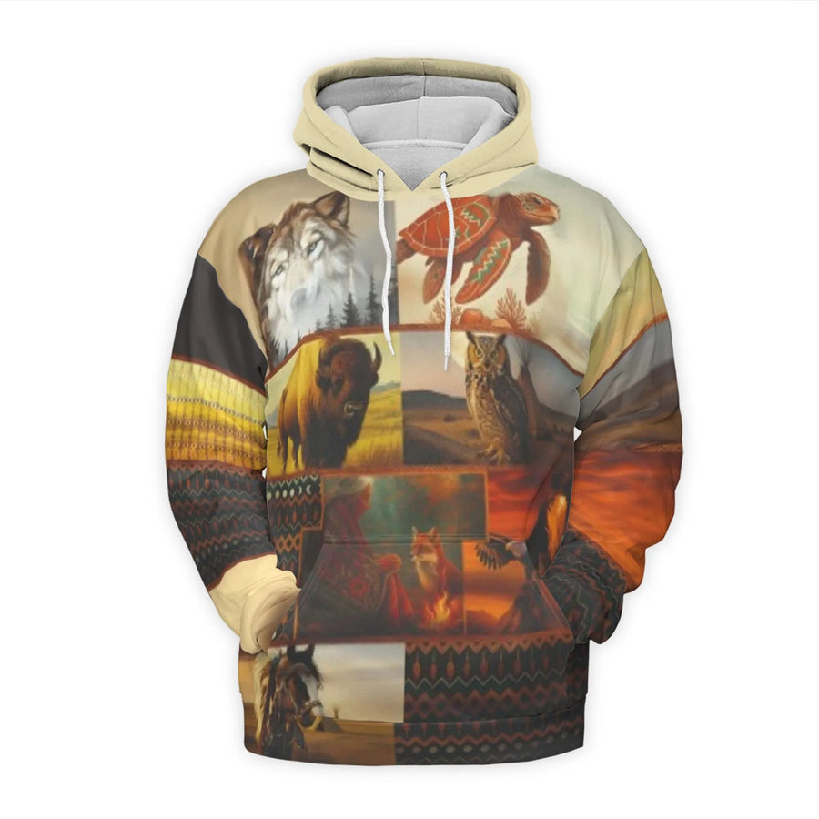 Spirit Animal 3D Hoodie | Native American Inspired Wildlife Collage Print | Soft Brushed Fleece Premium Pullover | Unisex Gift for Nature Lovers