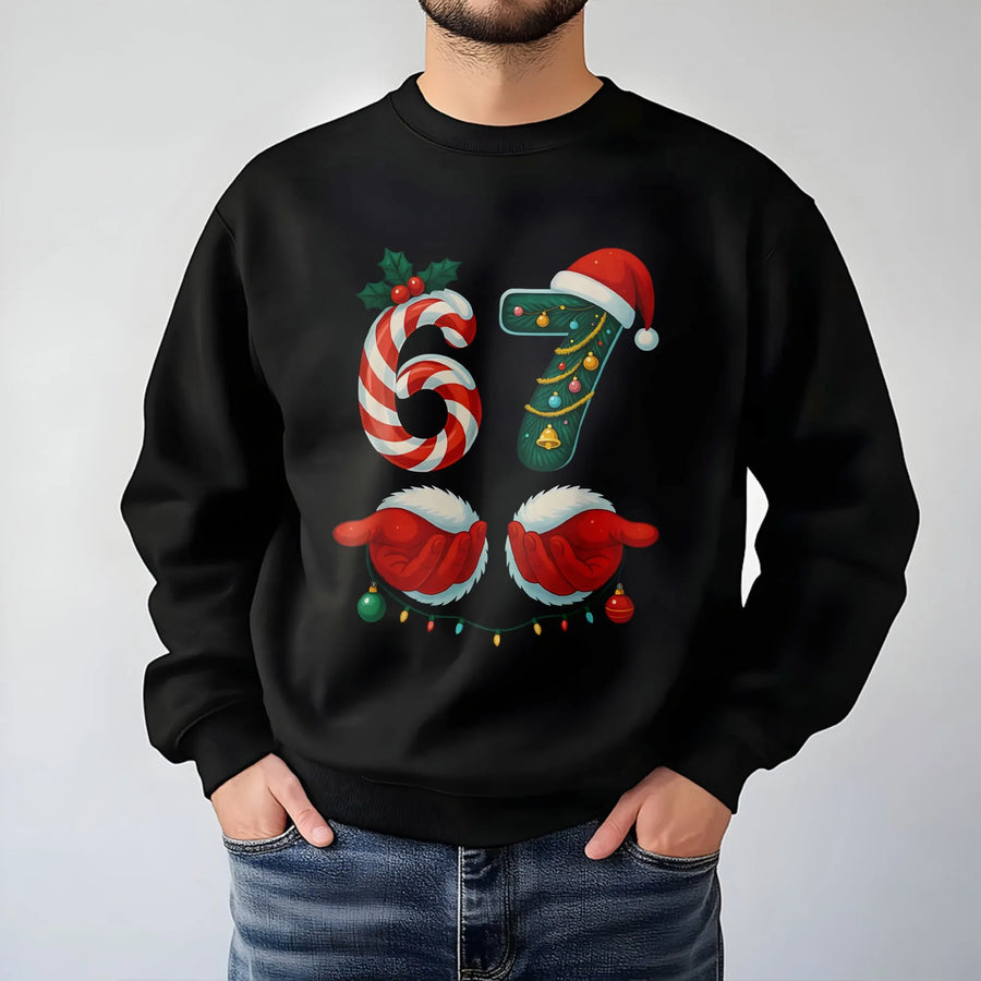 67 Christmas Sweatshirt | Candy Cane and Pine Graphic | Premium Cotton Blend | Funny Holiday Gift for Gen Alpha and Internet Meme Fans