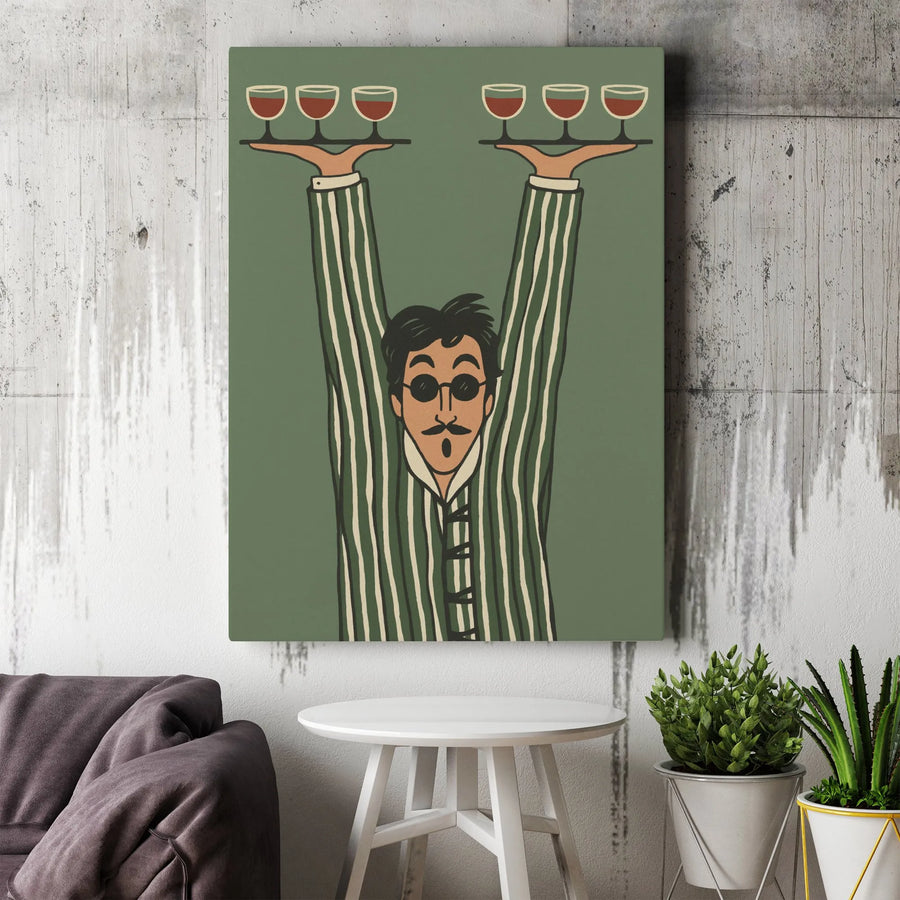 Retro Waiter With Wine Canvas Wall Art | Mid-Century Modern Kitchen Illustration | 1.25" Gallery Wrap Premium Print | Stylish Decor Gift For Wine Lovers