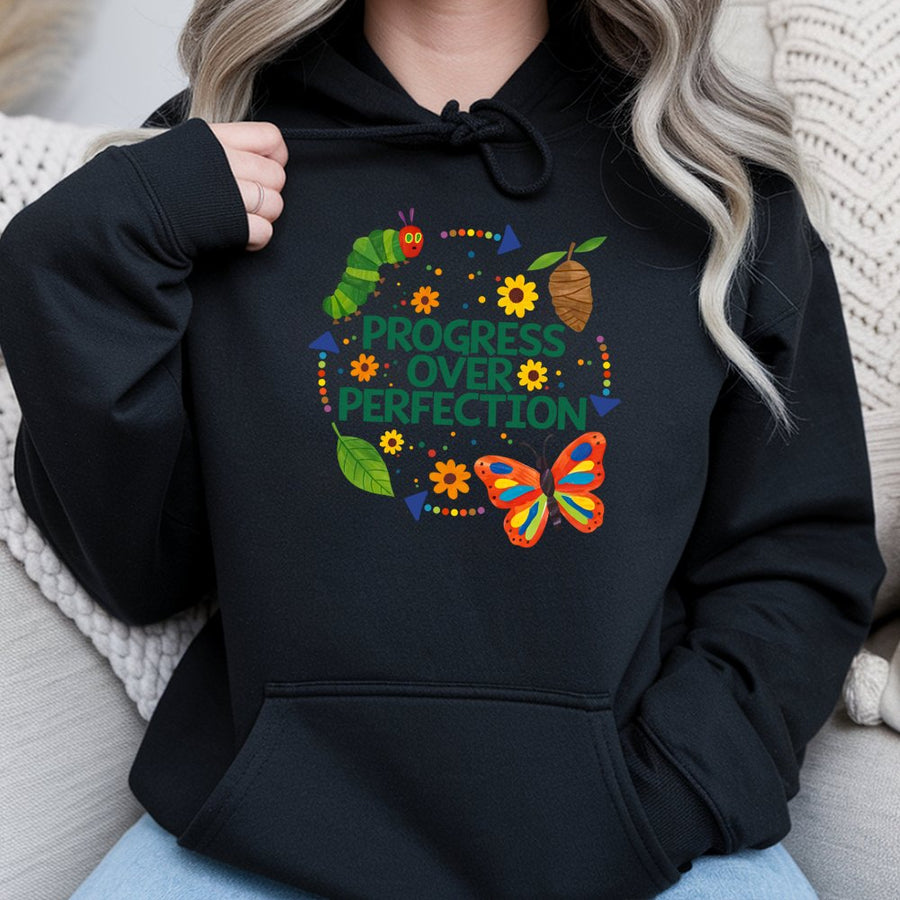 Progress Over Perfection Hoodie | Inspirational Teacher Growth Quote | Soft Cotton Blend Sweatshirt | Cute Classroom Gift For Educators