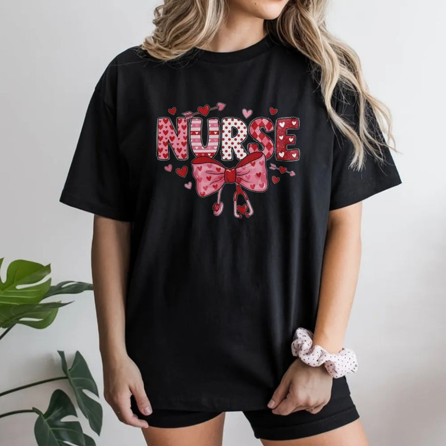 Valentine Nurse T-Shirt | Cute Coquette Bow Heart Stethoscope Design | 100% Soft Cotton Premium Tee | Unique Valentines Day Gift for Nurses