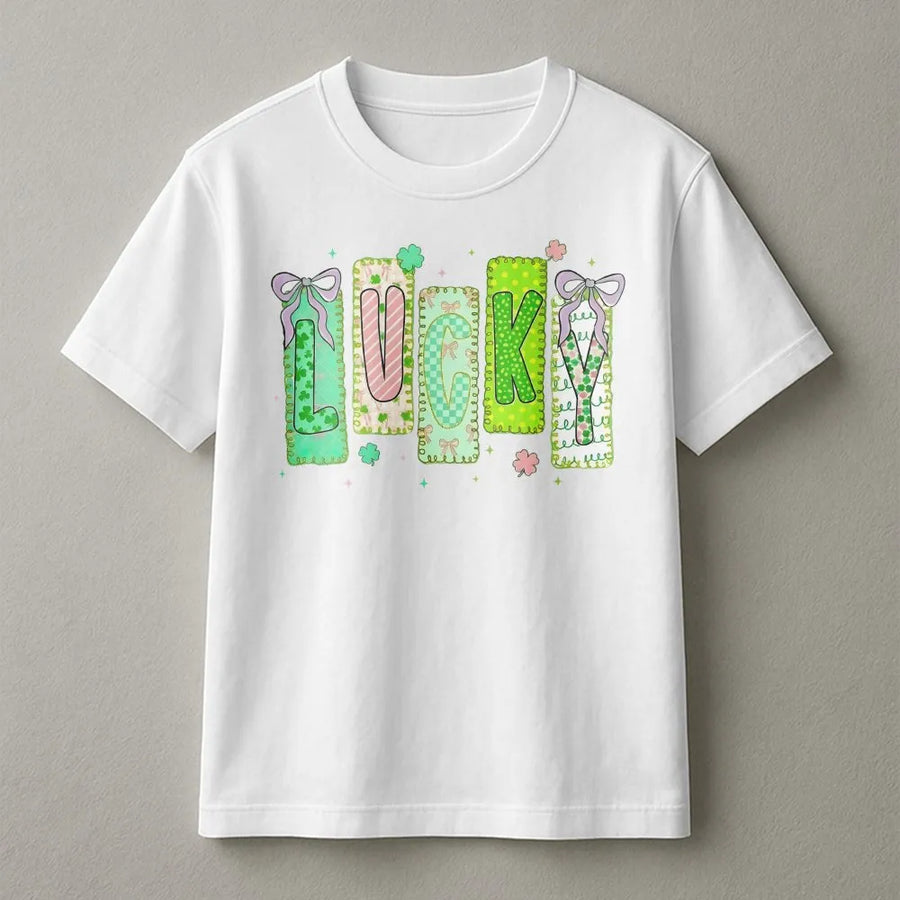 Lucky St. Patrick's Day T-Shirt | Patchwork Clover Bow Graphic | Premium Soft Cotton Tee | Cute Green Holiday Gift for Women & Girls