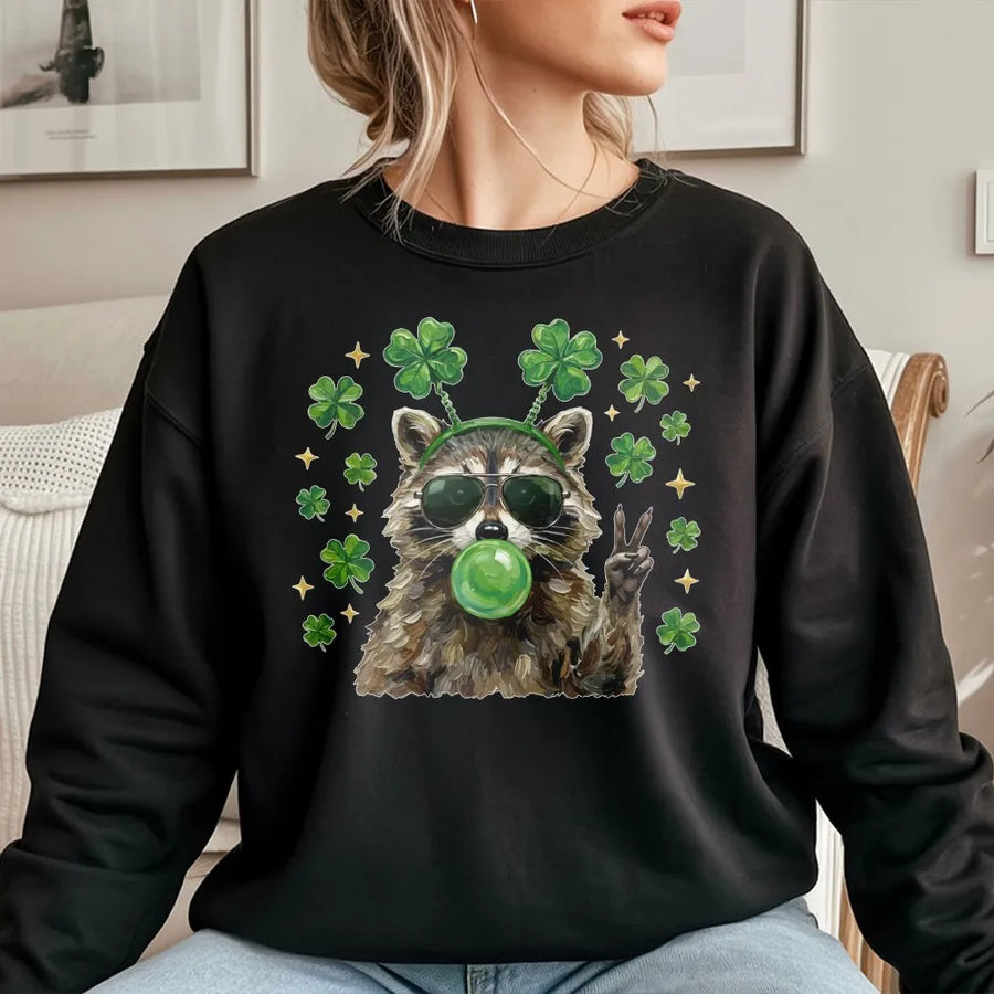 Lucky Raccoon Sweatshirt | Peace Sign Shamrock Bubblegum Graphic | Premium Cotton Blend | St. Patricks Day Gift for Men and Women