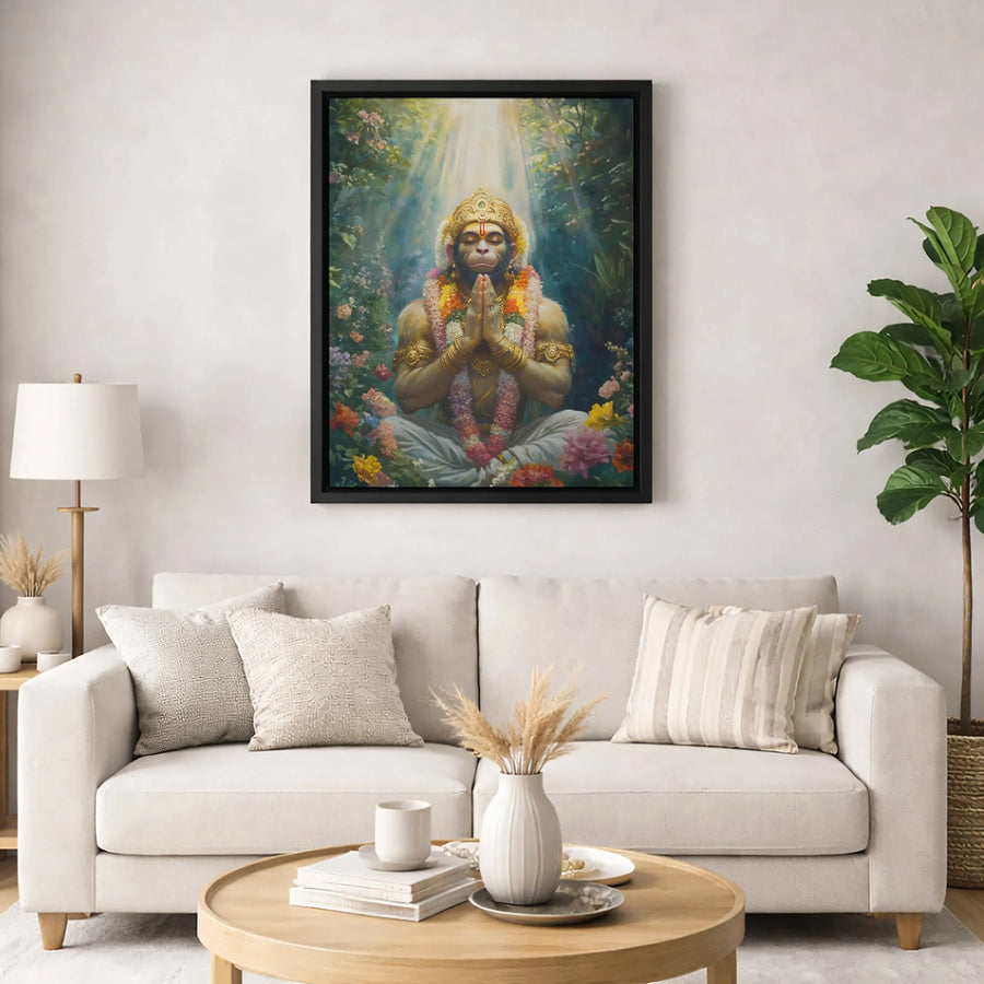Lord Hanuman Canvas Print | Meditating Hindu Deity Wall Art | Premium Fade-Resistant Gallery Wrap | Spiritual Home Decor Gift for Devotees