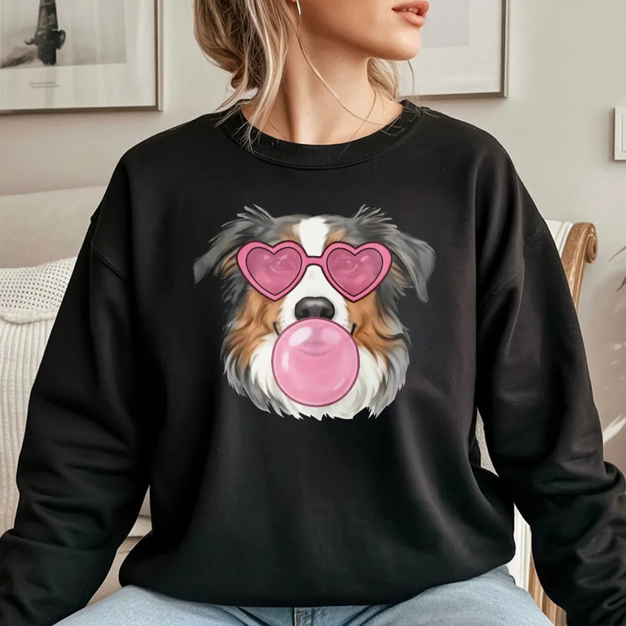 Australian Shepherd Sweatshirt | Heart Glasses Bubblegum Dog Graphic | Premium Cotton Blend Crewneck | Cute Valentine Dog Lover Gift for Her