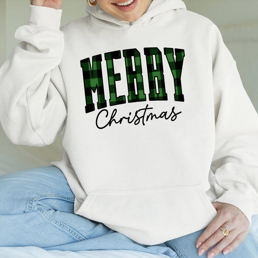 Merry Christmas Hoodie | Buffalo Plaid Green Text Print | Premium Cotton Blend Pullover | Cozy Holiday Gift for Women and Men