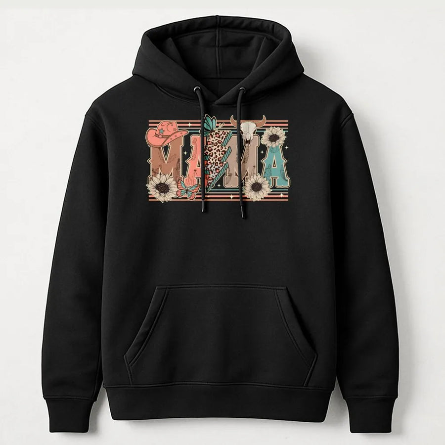 Western Mama Hoodie | Retro Cowgirl Cowhide Lightning Bolt Graphic | Premium Cotton Blend | Mother's Day 2026 Gift For Her
