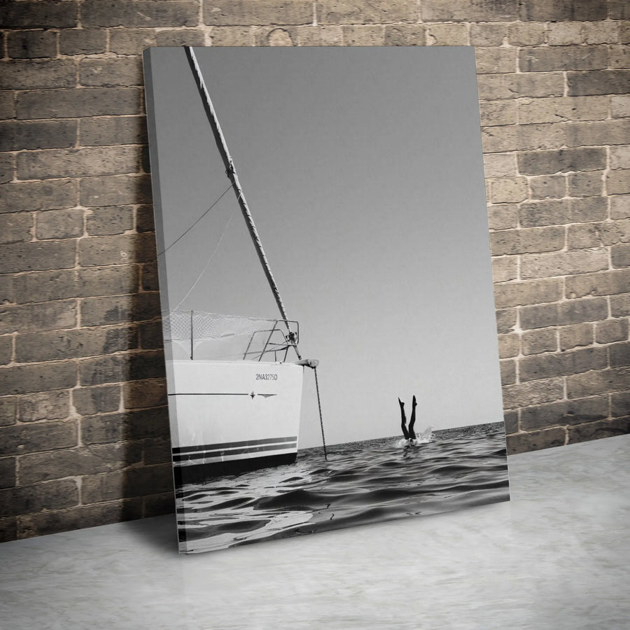 Summer Sailboat Canvas Print | Diving Legs Black and White Photography | 1.25 Inch Gallery Wrap | Coastal Minimalist Wall Art Decor