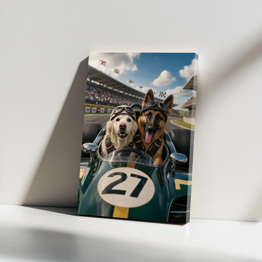Funny Dogs in Vintage Race Car Vertical Canvas | German Shepherd & Golden Retriever Wall Art | Premium 1.25” Gallery Wrap | Cool Gift for Dog Lovers & Racing Fans