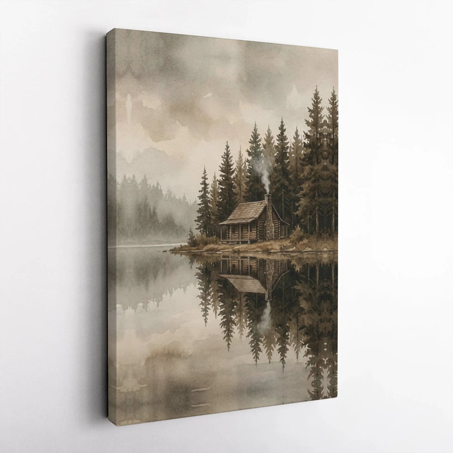 Rustic Cabin Canvas Wall Art | Misty Forest Lake & Pine Tree Reflection | Premium Gallery Wrapped Canvas | Rustic Lodge Decor Gift