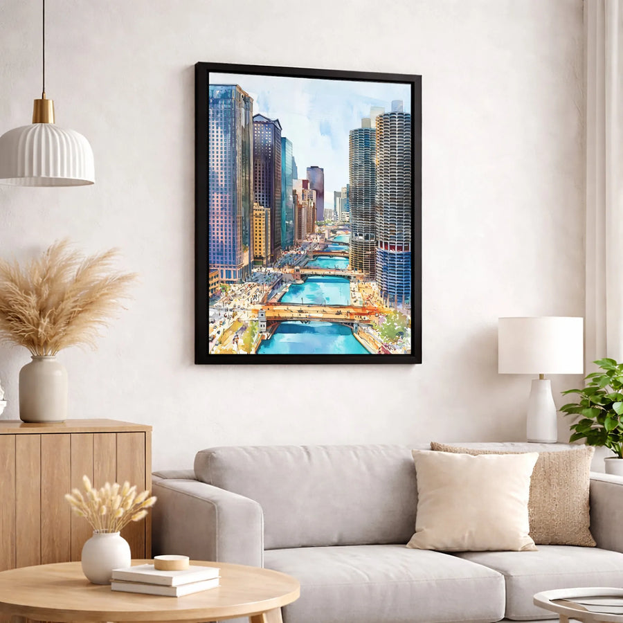 Chicago River Skyline Canvas Art | Watercolor Cityscape Architecture Print | Premium Gallery Wrapped Wall Decor | Gift for Illinois Travel Lovers