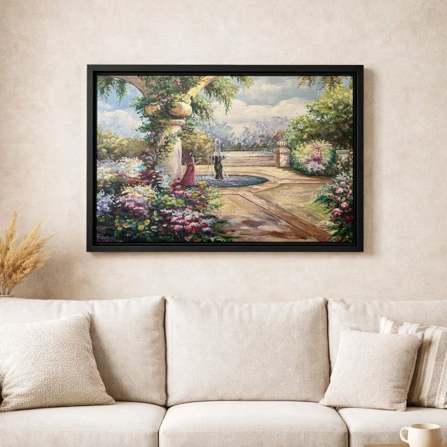 Romantic Garden Wall Art | Impressionist Fountain Landscape Canvas | Premium Gallery Wrapped Decor | Floral Nature Painting for Home Gift