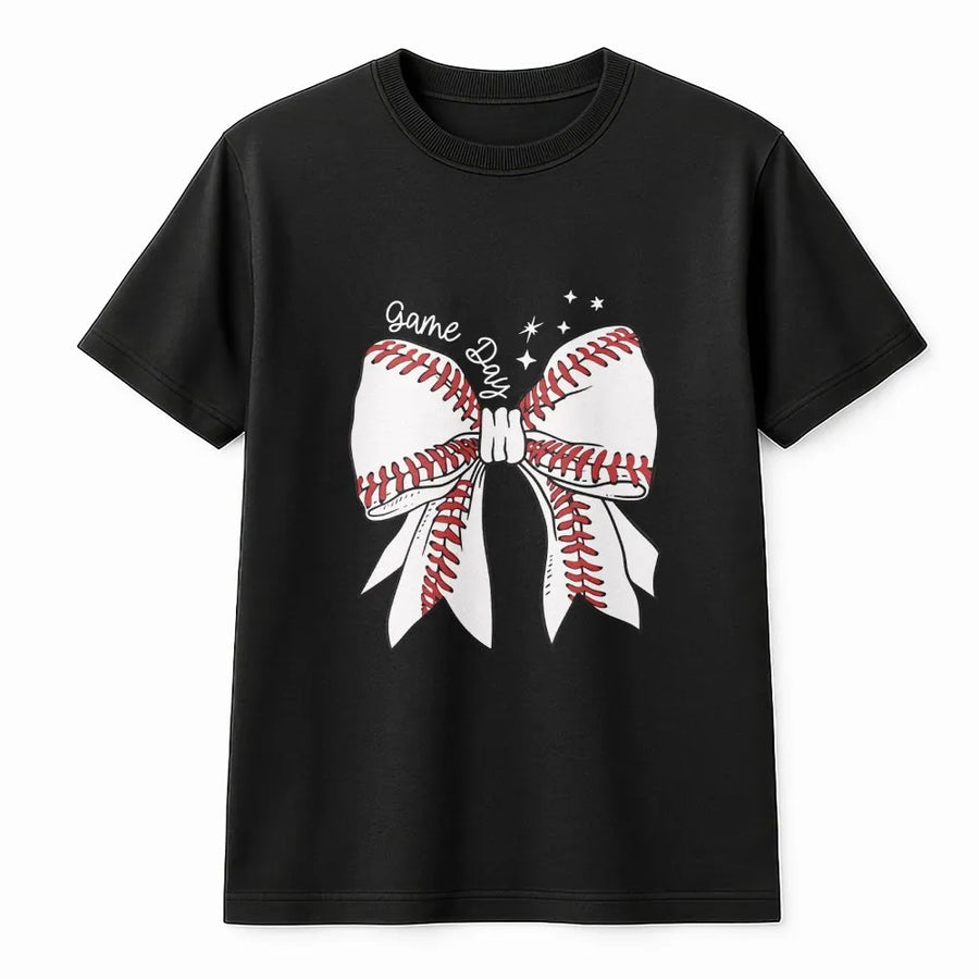 Baseball Bow T-Shirt | Cute Game Day Graphic Pullover | Soft Cotton-Poly Blend | Premium Gift for Baseball Mom and Sports Fan