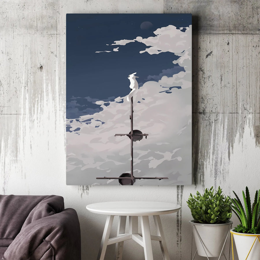 Surreal White Rabbit Canvas Wall Art | Whimsical Clouds Sky Print | 1.25 Inch Gallery Wrap | Dreamy Home Decor Gift for Surrealist Art Lovers