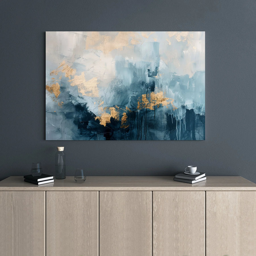 Abstract Blue and Gold Canvas Wall Art | Textured Navy Gold Foil Style Print | Gallery Wrap 1.25-inch Frame | Modern Living Room Home Decor