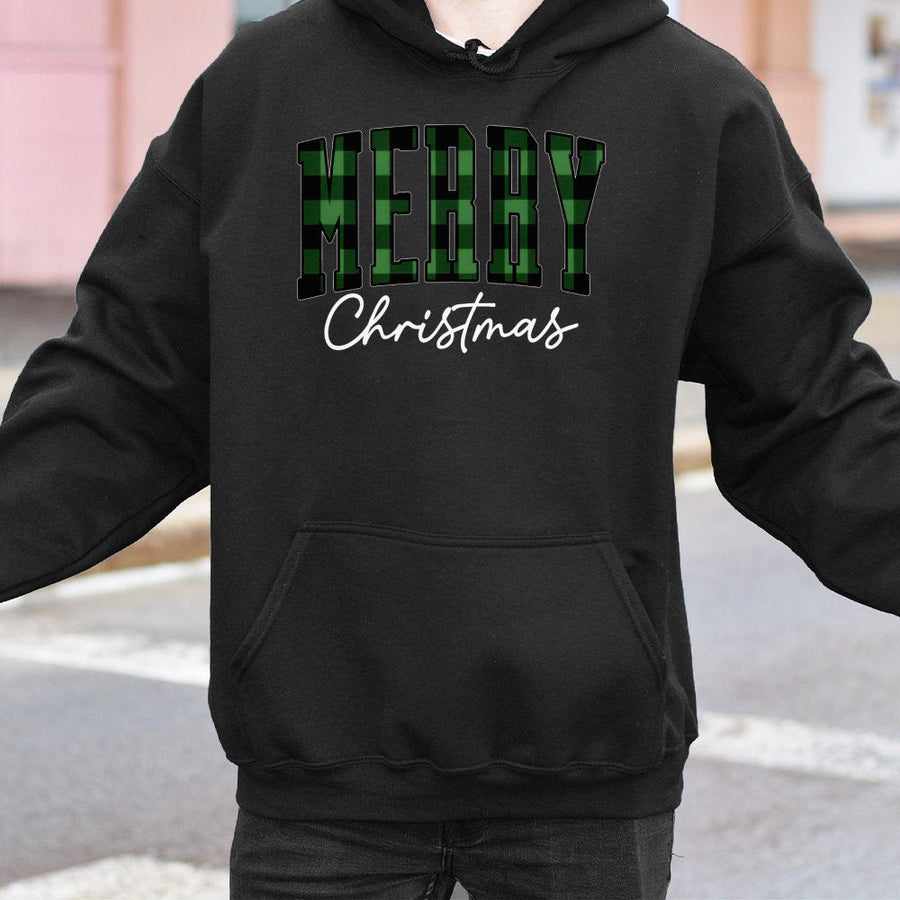Merry Christmas Hoodie | Buffalo Plaid Green Text Print | Premium Cotton Blend Pullover | Cozy Holiday Gift for Women and Men