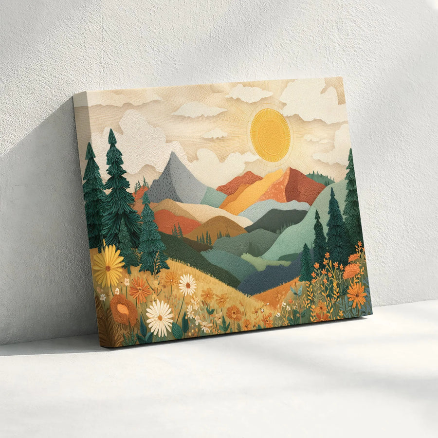 Boho Mountain Landscape Canvas Wall Art | Retro Wildflower Meadow Print | Premium Textured Art | Gift for Nature Lover, Living Room Decor