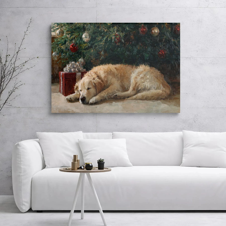 Sleeping Golden Retriever Canvas Art | Christmas Tree Oil Painting Style | 1.25-Inch Gallery Wrap | Cozy Dog Lover Holiday Home Decor Gift