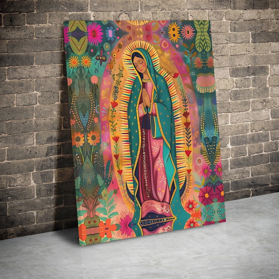 Our Lady Of Guadalupe Canvas Art | Colorful Folk Art Virgin Mary Wall Decor | Premium 1.25 Inch Gallery Wrap | Religious Catholic Gift For Home