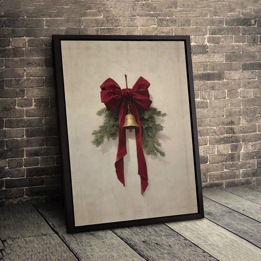 Christmas Jingle Bell Wall Art | Rustic Red Velvet Bow Pine Branch Print | Gallery-Quality 1.25" Framed Canvas | Cozy Holiday Home Decor Gift