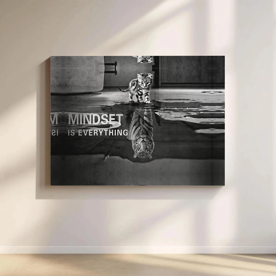 Mindset Is Everything Canvas Wall Art | Tiger Reflection Kitten Print | Premium Gallery Wrap Decor | Motivational Office Gift