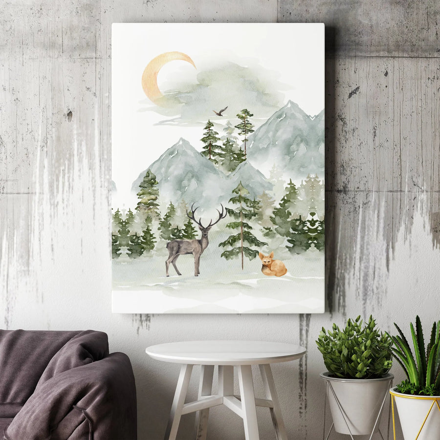 Watercolor Deer and Fox Canvas Wall Art | Snowy Mountain Forest Landscape | Premium Gallery Wrapped Print | Nature Nursery Home Decor Gift